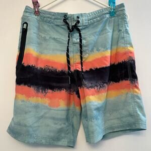 Men’s Abstract Sunset Board Shorts Swim Trunks Blue Orange Black Drawstring Pock